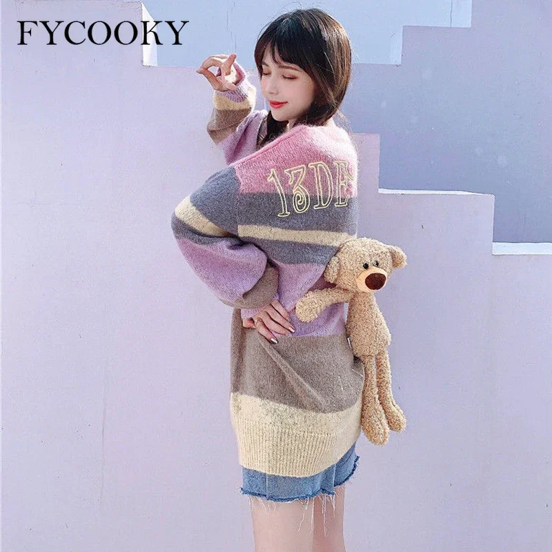 2021 New Sweet Rainbow Striped Sweater Women Bear Outwear Oversized Sweater Korean Loose O-neck Long Sleeve Knitted Pullovers