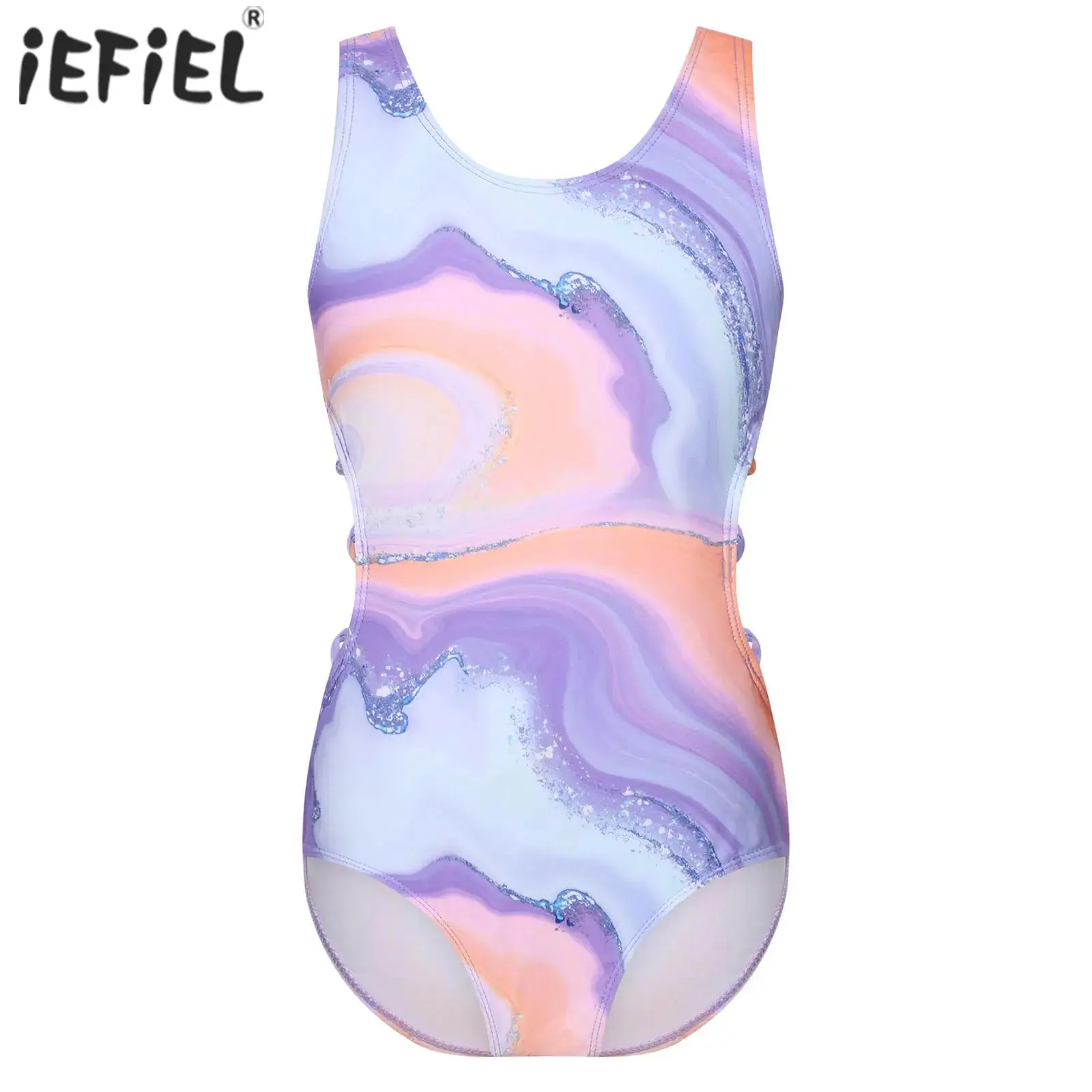 Kids Girls Swim Leotard One Piece Swimsuit Sleeveless Hollow Out Cut-Out Tie Dye Print Swimwear Pools Beachwear Bathing Suit