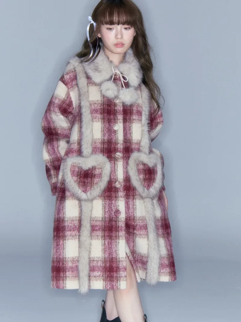 Japanese Style Fashion Design New Year Jacket Red Woolen Plaid Long Casual Coat 2023 Winter Warm Windbreaker Jaqueta Feminina