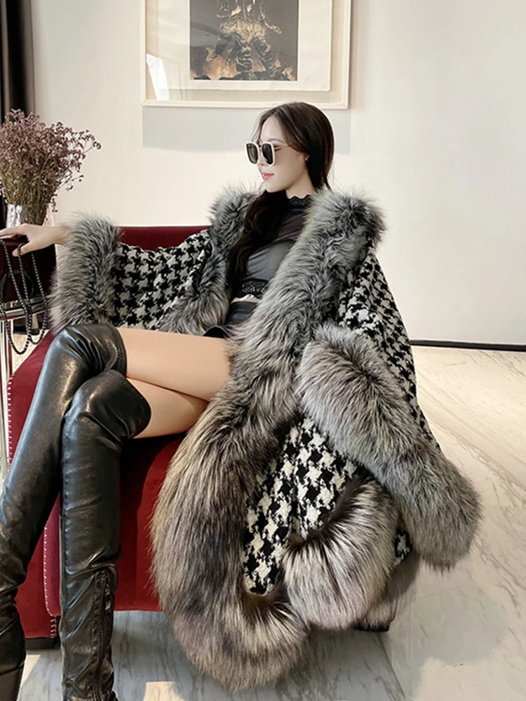 ZADORIN Autumn Winter Luxury Faux Fur Coat Women Elegant Houndstooth Tweed Warm Big Poncho Fur Shawl Cape Women Party Outerwear