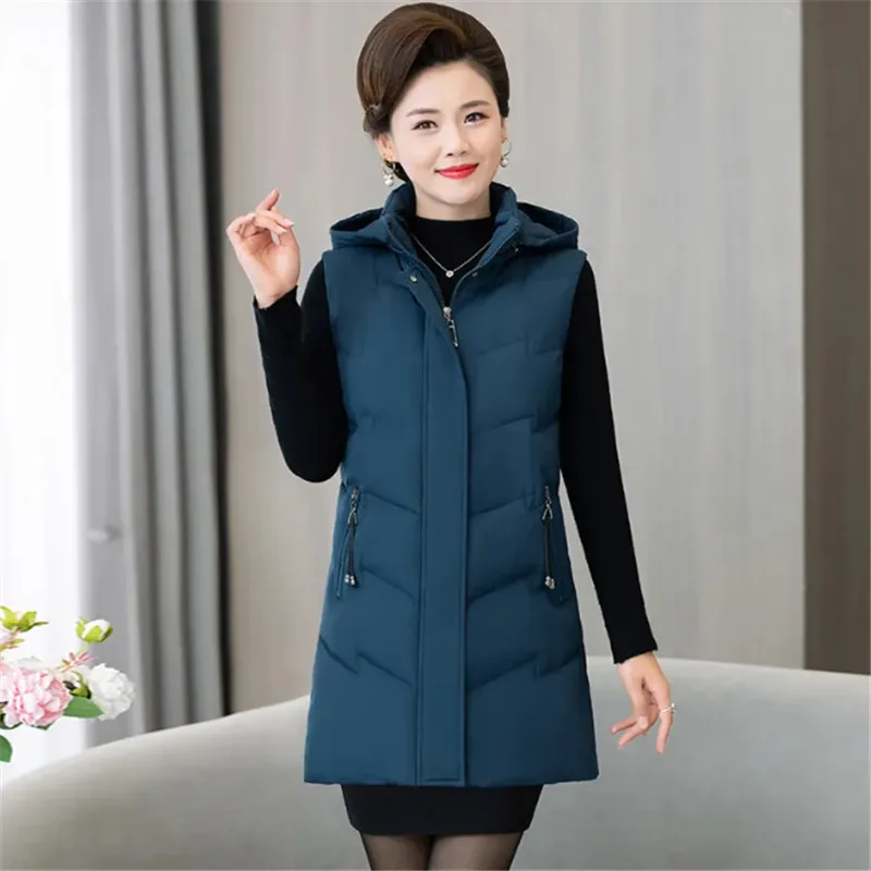 Gilet à capuche mi-long pour femme, manteau en duvet, gilets de couleur pure, poche, mode éducative, automne, hiver, nouveau, 2023