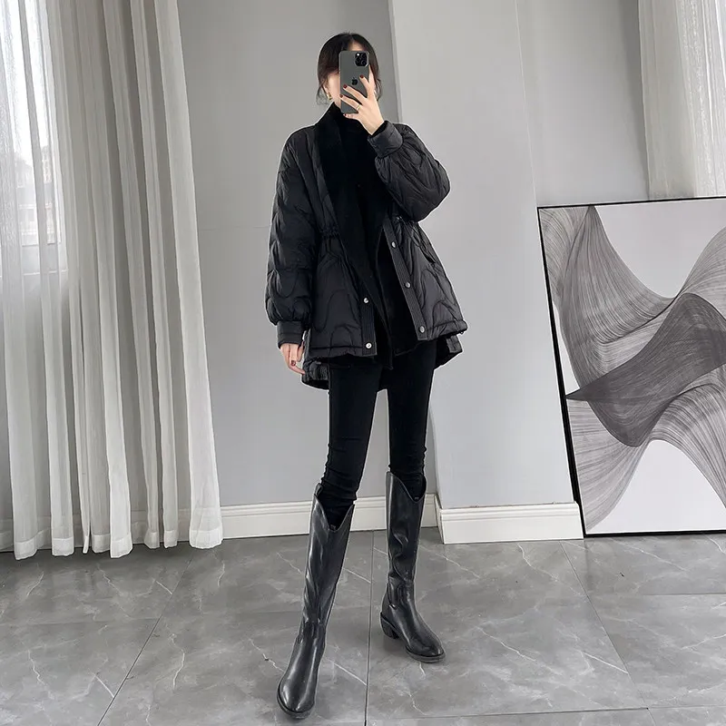 Black slimming patchwork elegant down jacket winter new women's fake two pieces medium to long fashion versatile warm coat