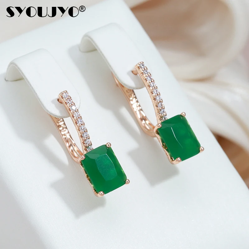 SYOUJYO Square Opal Dark Green Natural Zircon English Earrings For Women 585 Rose Gold Color Vintage Jewelry Big Stone Earrings