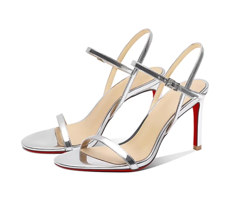 

New silver patent leather temperament high-heeled sandals for women with exposed toes, slim heels, and comfortable single shoes