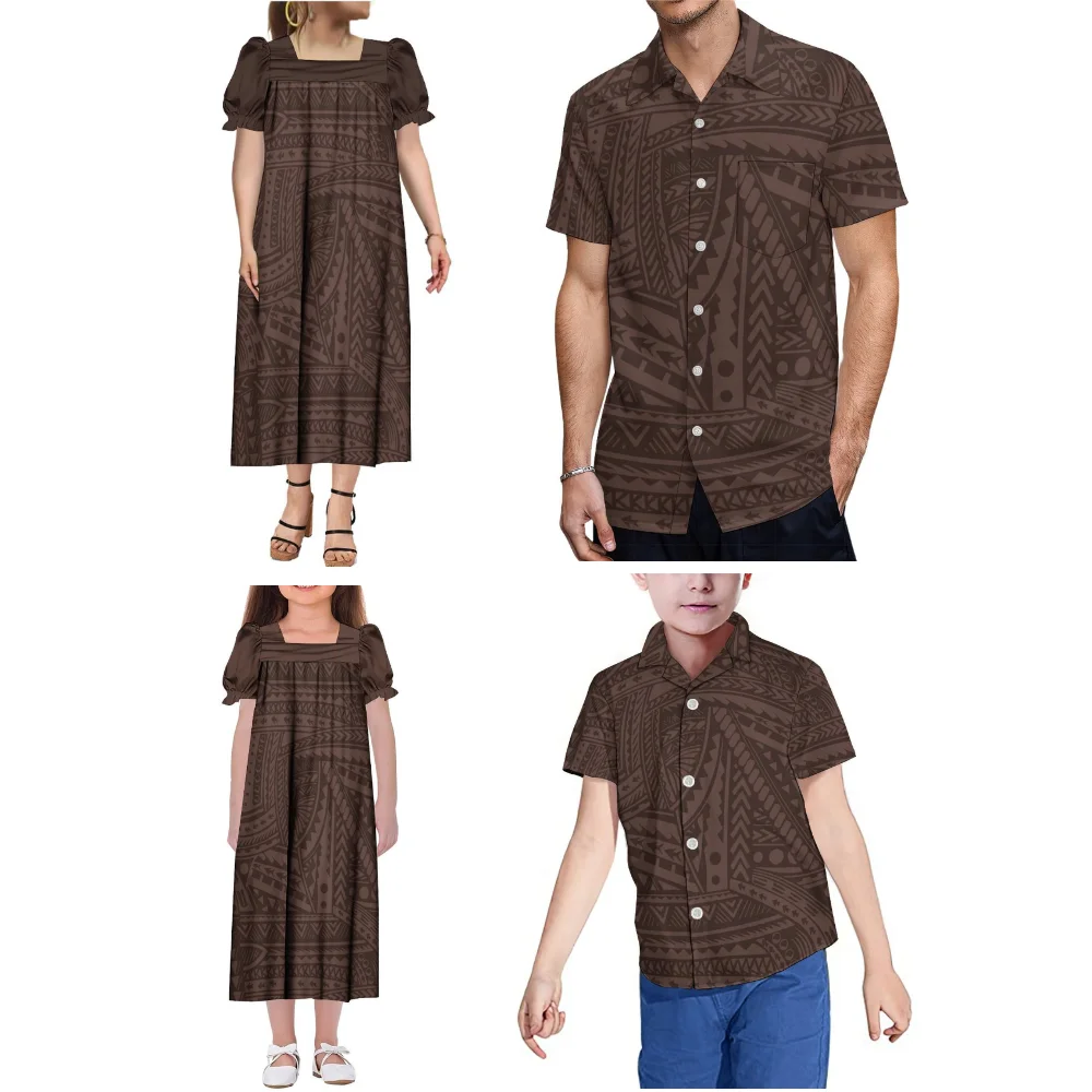 Polinésia impressão tribal feito sob encomenda verão novo conjunto mumu mãe-filha vestido de manga inchada pai-filho camisa casual havaiana