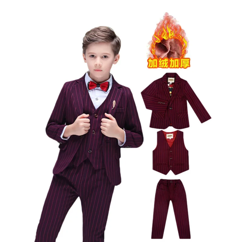 Low Price Clearance Stock Sale Boys Fleece-lined Winter 3Pieces Jacket Vest Pants Ring Bearer Suit Kids Dress Children Costume