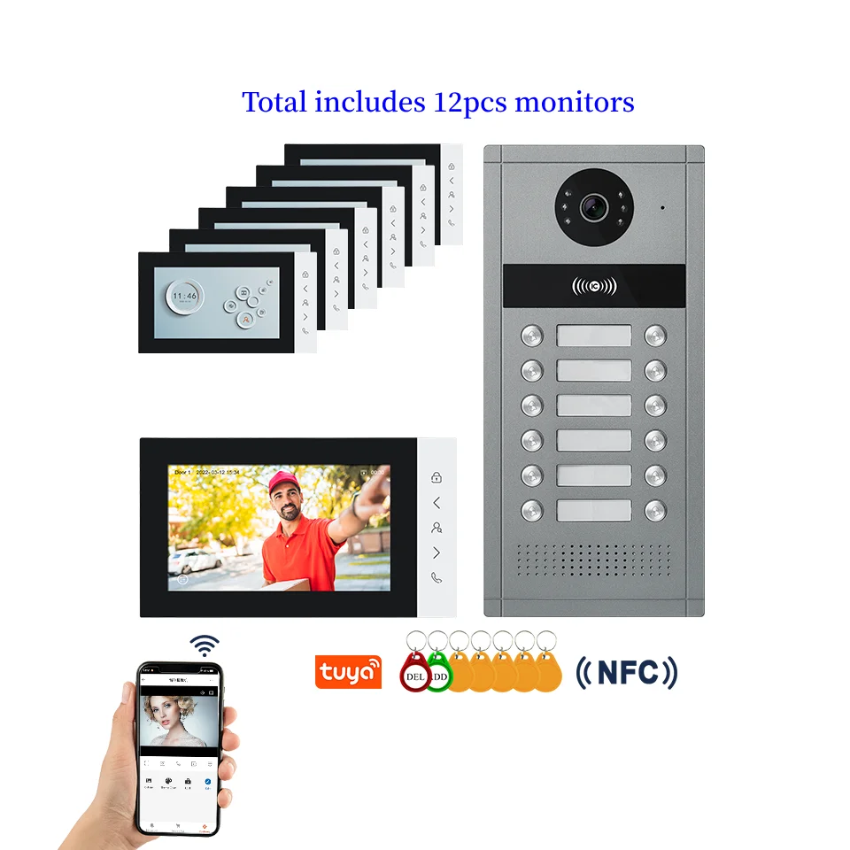 7" Tuya Smart Building Video Intercom For 6-24 Units Apartments NFC RFID Unlock 1080p Video Doorbell Video Door Phone System