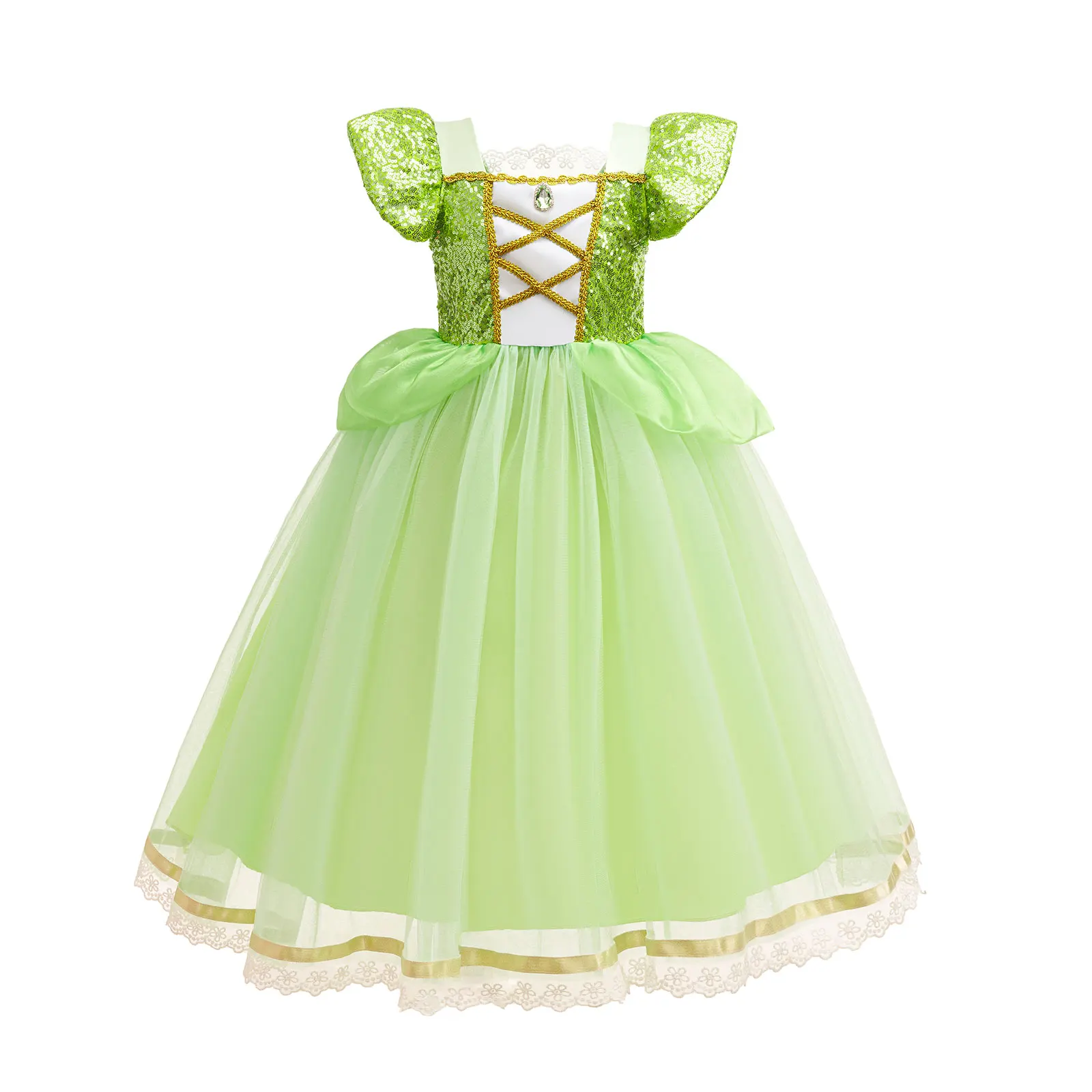 Princess and Frog Fairy Tale Costume Girl Summer Fresh Green Dress Sequin Flying Sleeves Big Bow Party Gown Tiana Cosplay Outfit