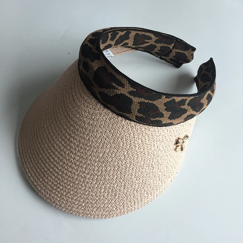 2019 New Woman\'s Sun Hats Female Leopard Bowknot Visor Caps Hand Made DIY Straw Summer Cap Casual Shade Hat Empty Top Hat Beach