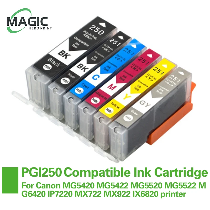 6color PGI250 PGI-250 CLI-251 ink cartridge For canon PIXMA MG5420 MG5422 MG5520 MG5522 MG6420 IP7220 MX722 MX922 IX6820 printer