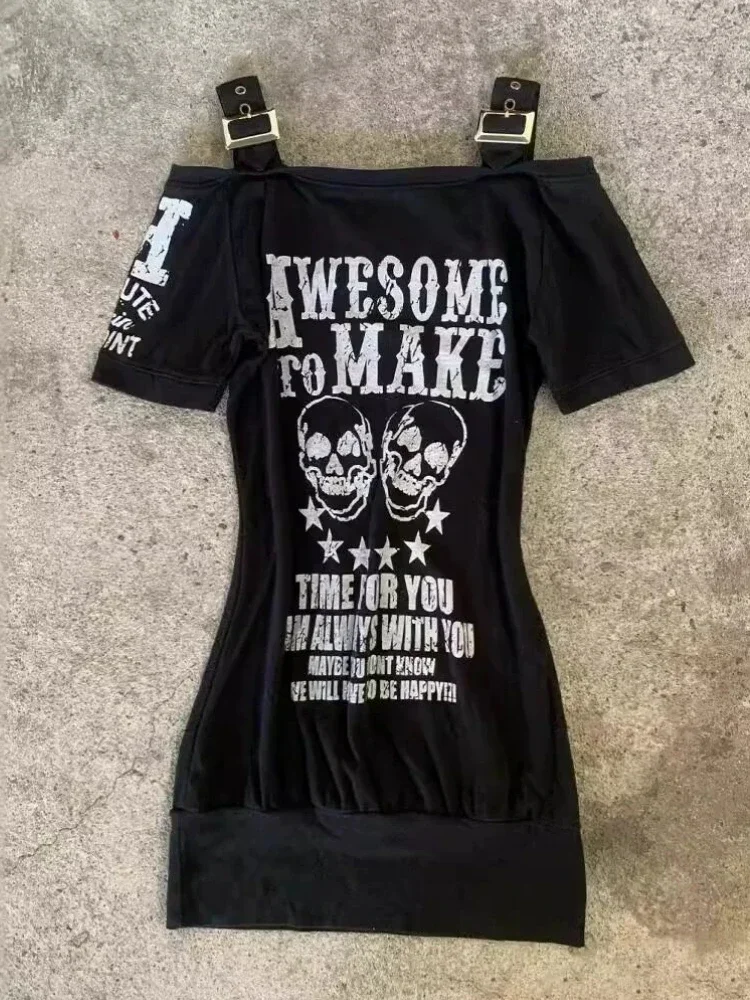 Streetwear SlashคอชุดHarajuku Letter Skullพิมพ์Y2kความงามเซ็กซี่ผู้หญิงBlack Gothic Punk Offไหล่Vestidos