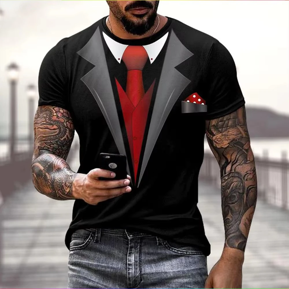 2026 New Fake Tuxedo Suit Bow Tie 3D Print Short Sleeve T Shirt Men Women Kids Funny Party Costume Casual Graphic Tee