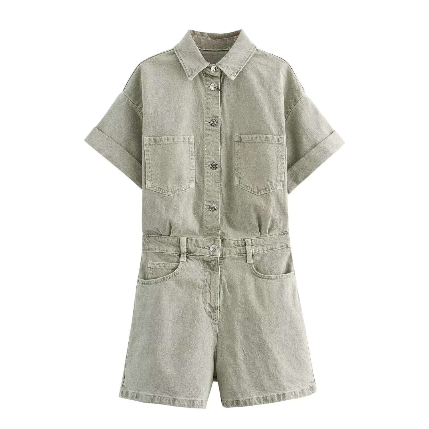 Pocket Pockets Jumpsuit Mid Waist Japanese Korean Casual with Regular Sleeves Wrinkle Finish Capri Pants Loose Fit for Women