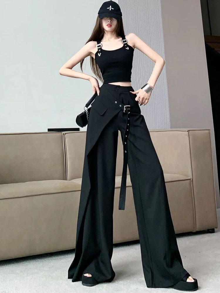 Unique Belt Black Suit Pants Fake Two Pieces Wide Leg Straight Pants For Women Commuting High Waist High-grade Sense Trousers