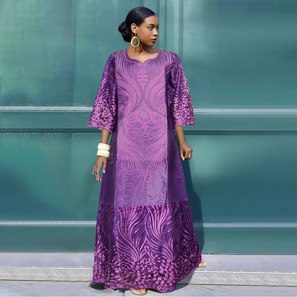 

H&D African Dresses for Women Traditional Bazin Purple Embroidery Lace Woman Dress Robe Femme Africain Wedding Party Occasion