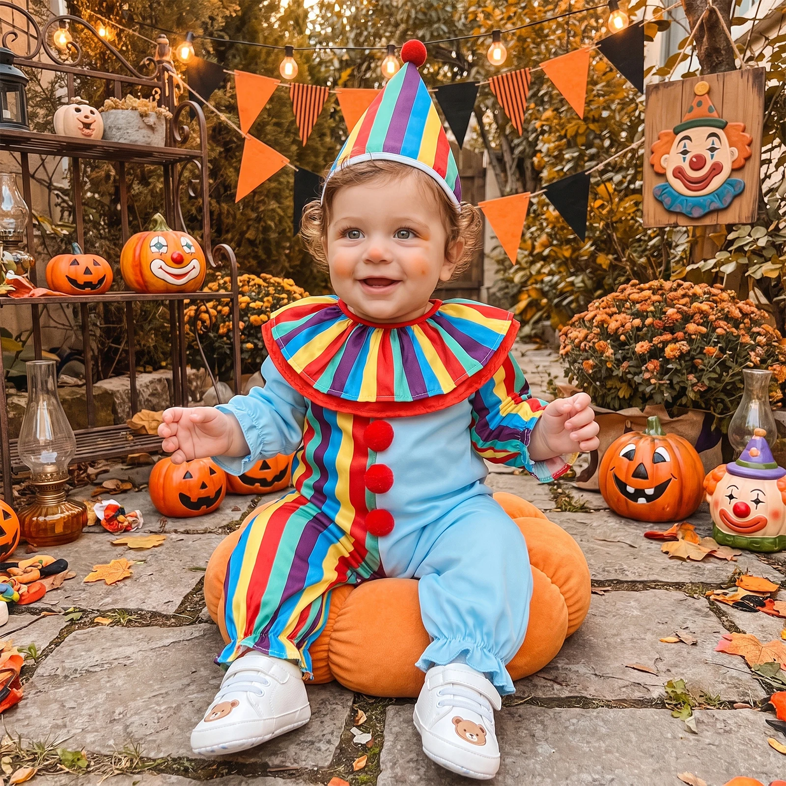 2026 New Toddler Baby Romper Halloween Clown Costume Long Sleeve Stripes Print Jumpsuit with Hat Set