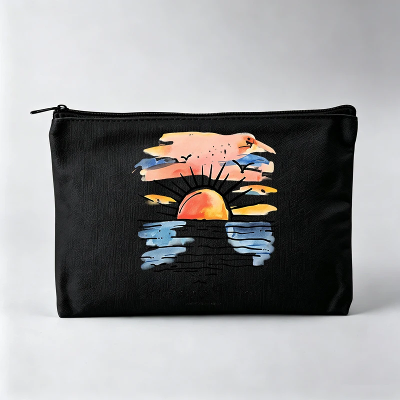 Women's Sunset and Seabird Graphic Makeup Bag, Artistic Print Cosmetic Pouch for Daily Use