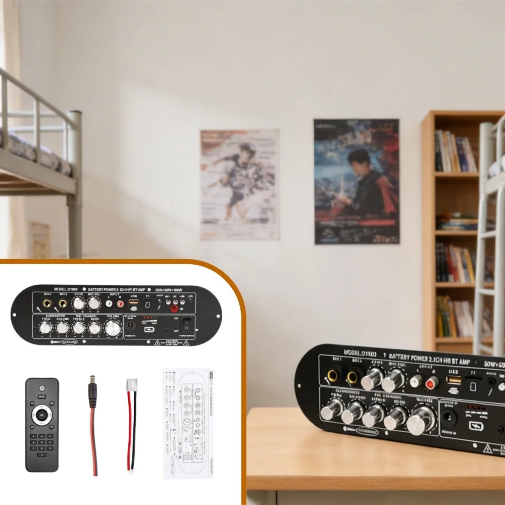

2.1-канальная цифровая плата усилителя мощности D1000 Bluetooth 5.0 50W×2+100W с сабвуфером, двумя микрофонами, KTV, DSP, FM, USB, TF, AUX, DC15-18V