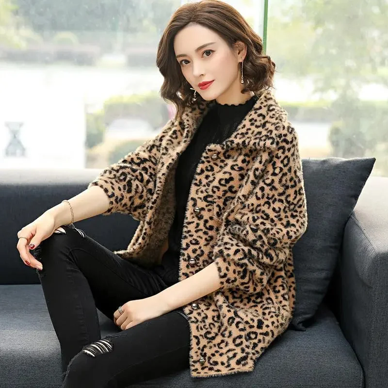 Cappotto in velluto di visone imitazione stampa leopardo giacca donna autunno inverno maglione lavorato a maglia donna giacca Cardigan con cerniera