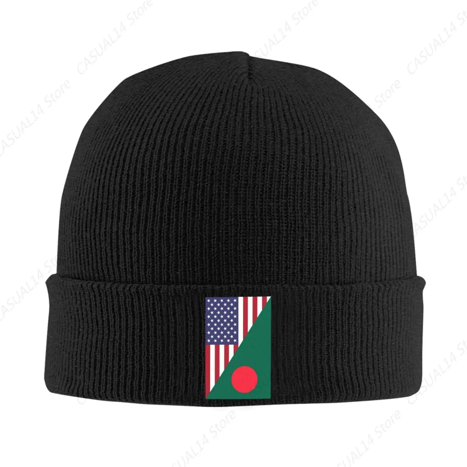 America Bangladesh Friendship Flag Knit Hats Winter Warm Chunky Beanie Hat for Men Women Black