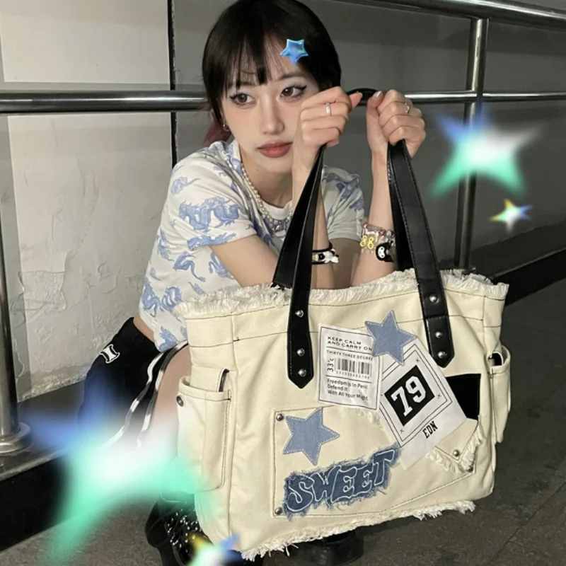 Star Letters Tassel Vintage Canvas Tote Bags Japanese High-capacity Harajuku Shoulder Underarm Bag Women Y2k Aesthetic Handbags