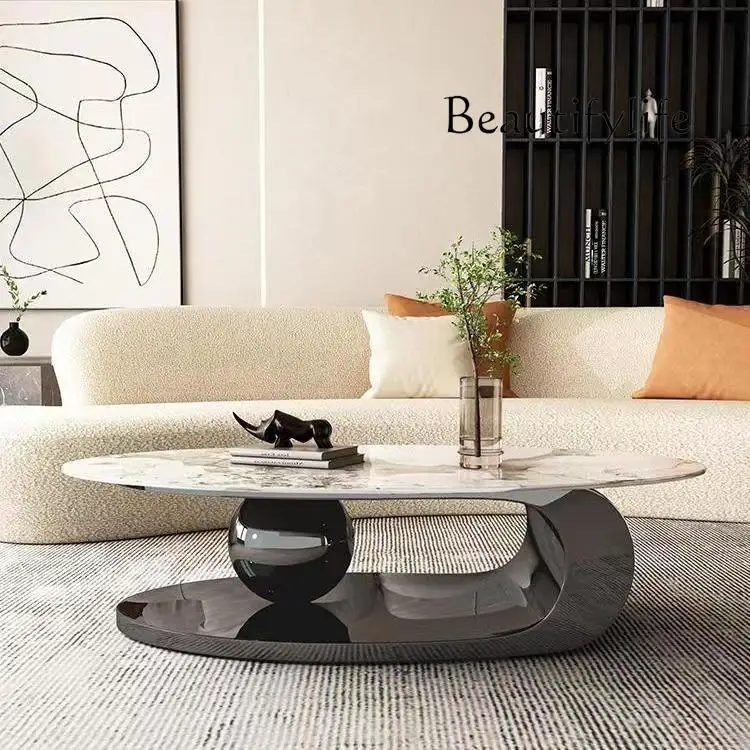 Light Luxury Modern High-End Stainless Steel Oval Stone Plate Coffee Table Design Living Room Small Apartment Coffee Table