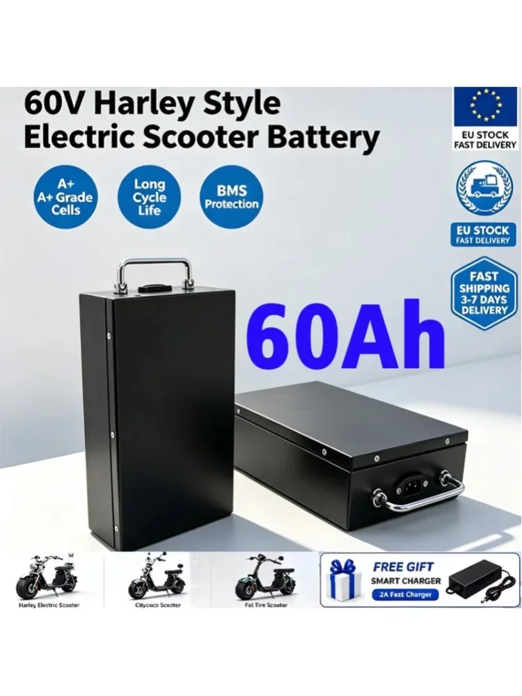 60V 40Ah/50Ah/60Ah Elektromotorrad Harley Zweirad Faltbares Citycoco Elektromotorrad Lithium-Ionen-Akku 2000W, Gratis Ladegerät