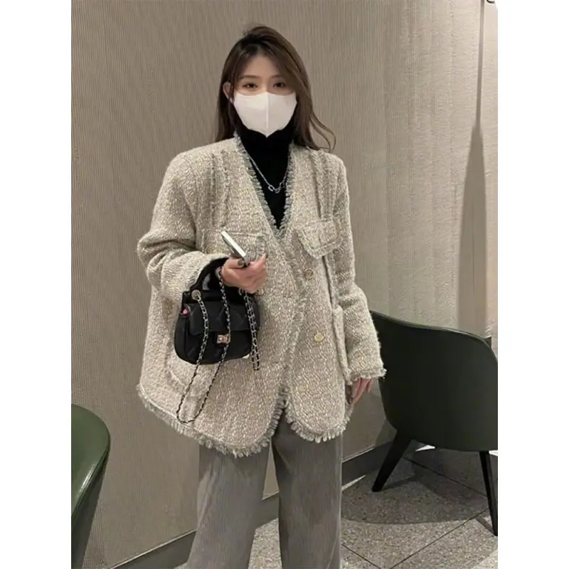 

UNXX Mid-Length Chic Style Coat Women’s Autumn and Winter 2023 New Loose V-Neck Fringe Tweed Casual Top Female Office Lady Suit