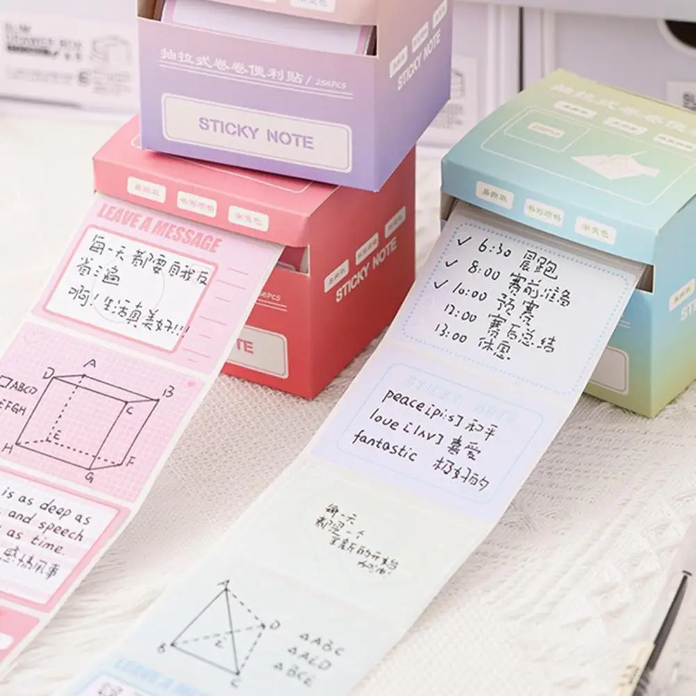กระดาษโน้ตติดกาวพร้อมเทปแบบดึงออกบรรจุกล่องกระดาษโน้ต256แผ่นกาวแบบเต็มแผ่นพร้อมเทปดึงออกสำหรับจัดระเบียบ