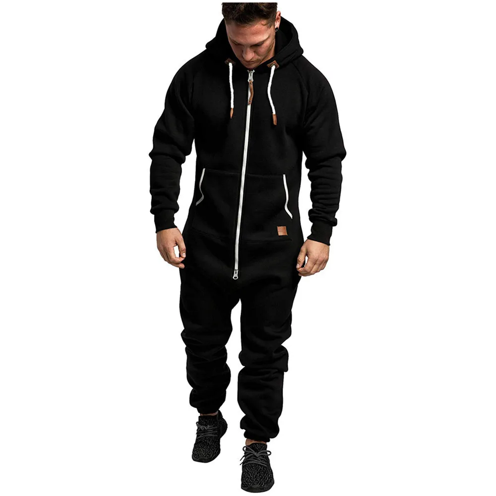 Autumn Winter Men\'s Zipper Hooded Fleece Warm Jumpsuits Solid Casual One Piece Pants Rompers Men Loose Overalls