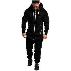 Autumn Winter Men's Zipper Hooded Fleece Warm Jumpsuits Solid Casual One Piece Pants Rompers Men Loose Overalls