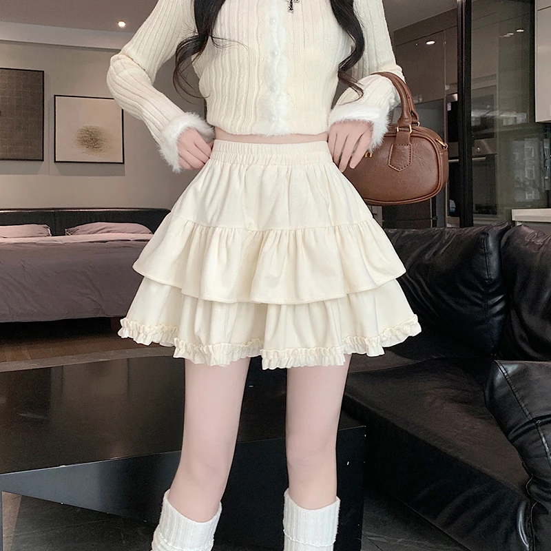 Korean White Women Mini Skirts Preppy Style Sweet High Waist Female A Line Skirts Autumn Folds Patchwork Ladies Ball Gown