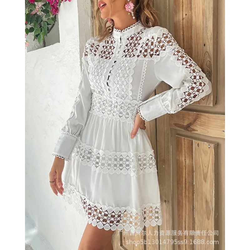 Robe chemise à coutures en dentelle évidée pour femmes, manches longues, simple boutonnage, coupe couvertes, monochromatique, sexy, printemps, automne, nouveau