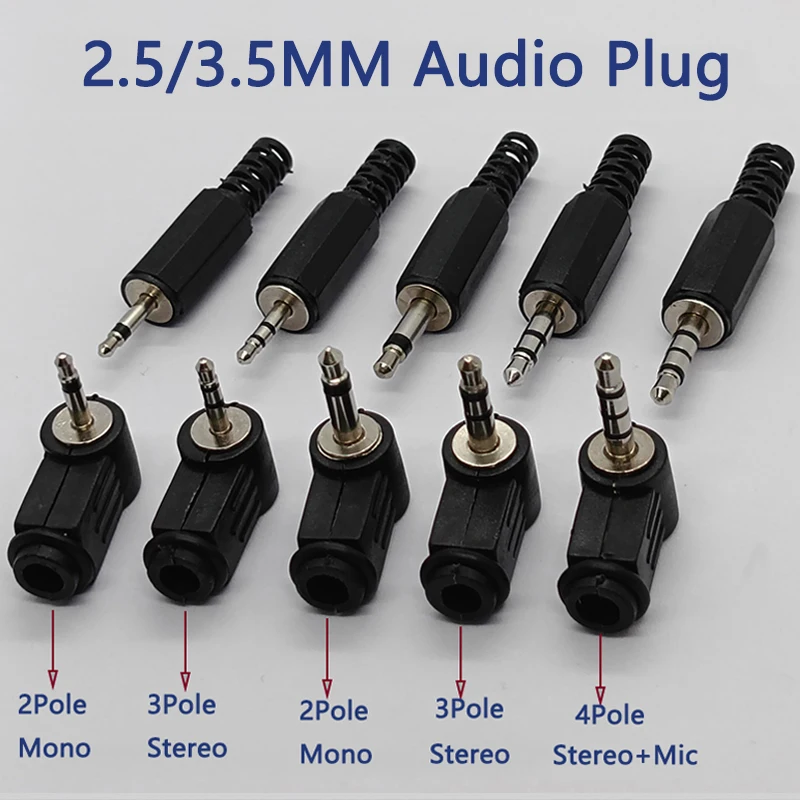 2.5/3.5mm 2/3/4 Pole Mono Stereo Audio Plug Straight /Right Angle 90 Degree L-shaped Headphone Jack Connector for DIY Repair