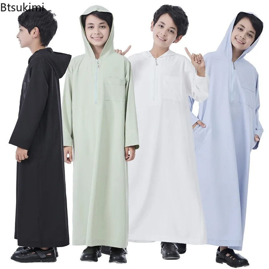 

Boys Middle East Islam Long Sleeve Hooded Arab Dubai Robe, Saudi Arabia Dubai Türkiye Casual Ethnic Style Thobe Abaya Clothing