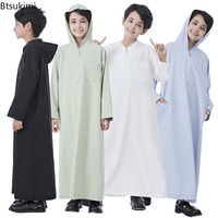 Boys Middle East Islam Long Sleeve Hooded Arab Dubai Robe, Saudi Arabia Dubai Türkiye Casual Ethnic Style Thobe Abaya Clothing