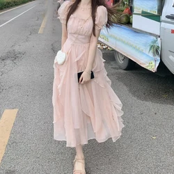 Women's Summer Stylish Ruffles Beaded Sweet Elegant Dresses Female High Waist Short Sleeve Slim Irregular Fairy Beach Midi Dress