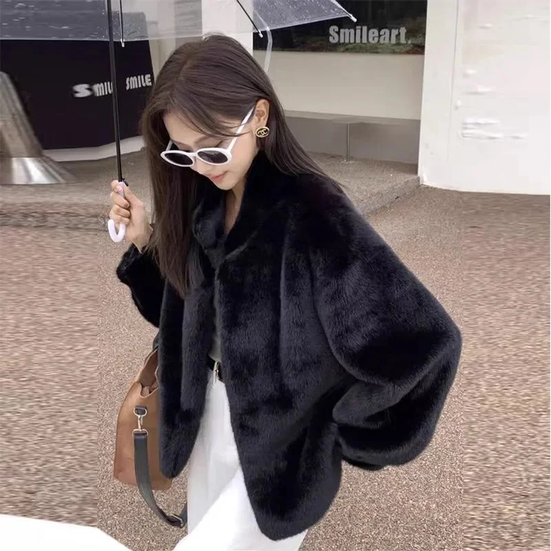 Autumn Winter Female Lamb Wool Faux Fur Tops Coat 2024 Women Stand Collar Short Fur Jacket Ladies Long Sleeves Plush Outerwear