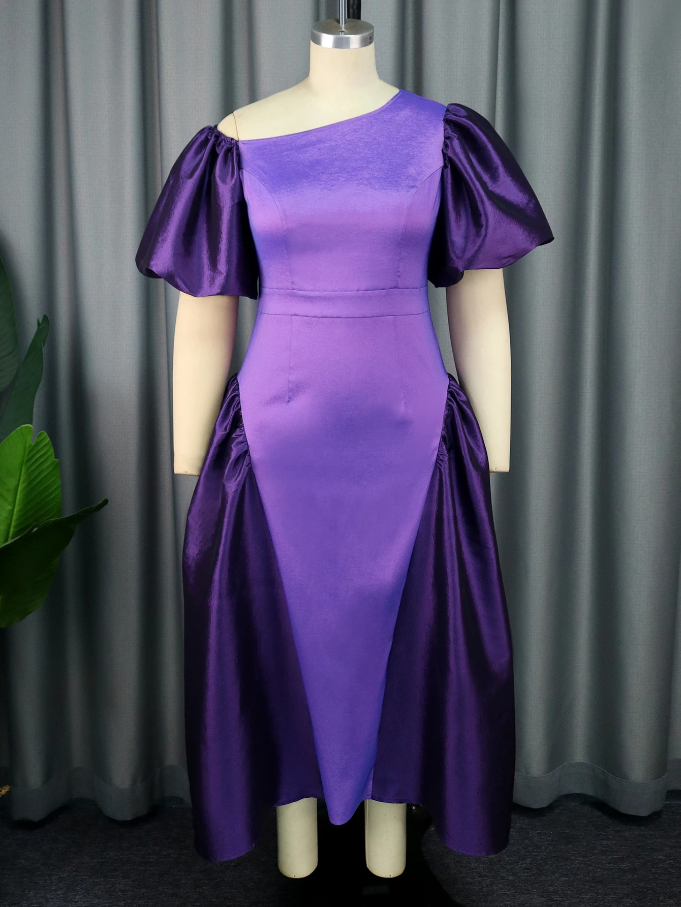 Plus Size Puffy Dress for Women Formal Shiny Purple 2 Tone One Shoulder Puff Sleeve Summer Party Club Evening Outfits Ball Gowns