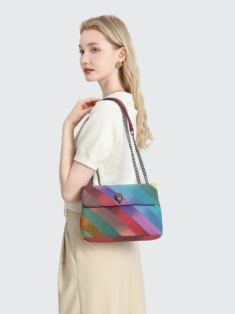 

Women's Canvas Splicing Chain Shoulder Bag Niche Design Ladies Rainbow Eagle Head Crossbody Bag Adult Girls Square Handbag