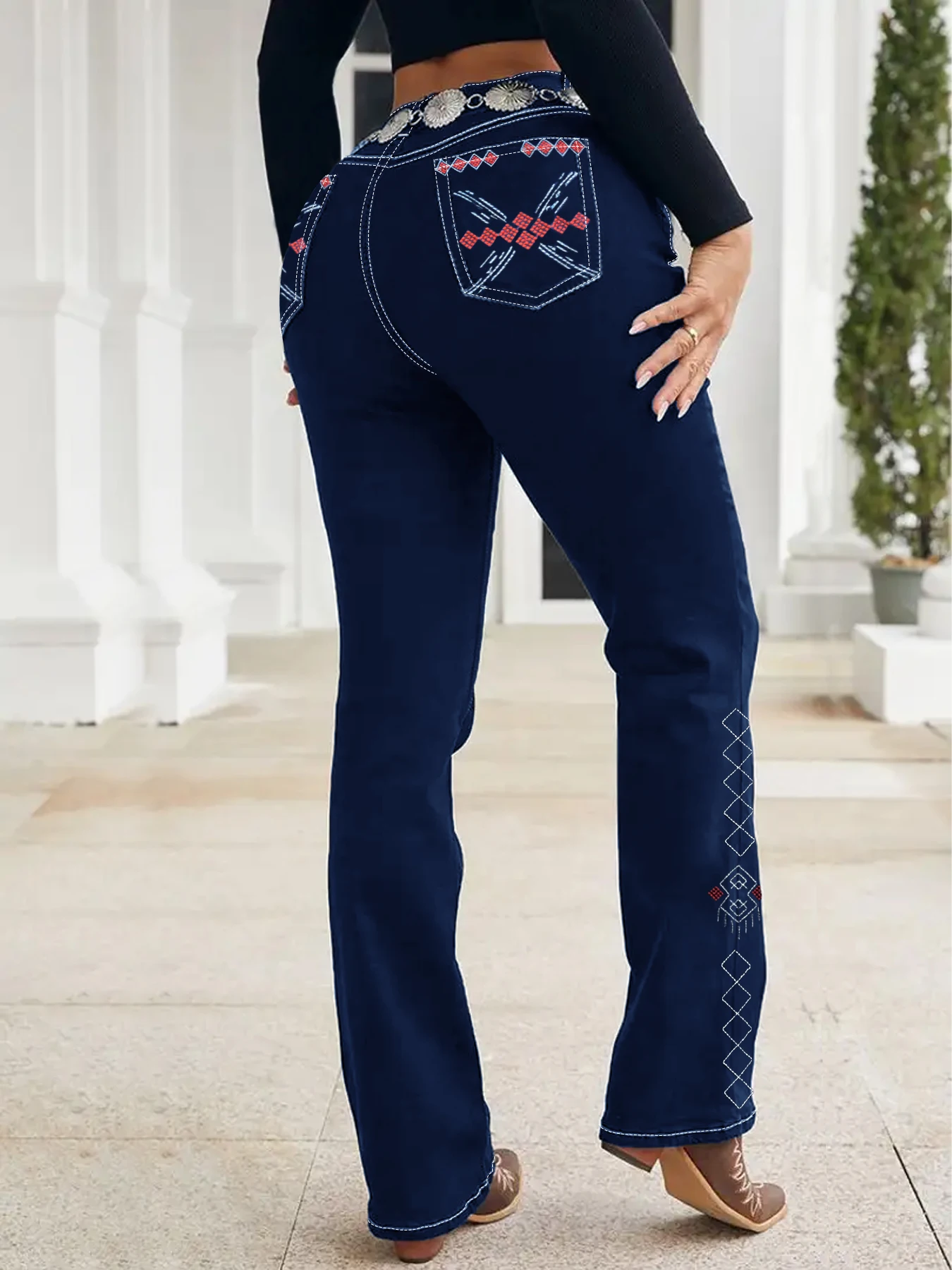 

Plus Size Women's Wash Bootcut Jeans, Western Geometric Embroidery, Contrast Stitching, Casual Cowboy Style Denim Pants