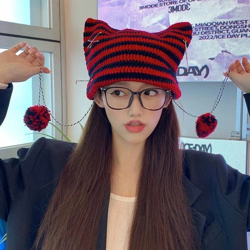 Cute Devil Knitted Beanie Hat Ins Skullies Striped Knitting Wool Cap Autumn Winter Cat Ears Pointed Pullover Women Hats bonnets