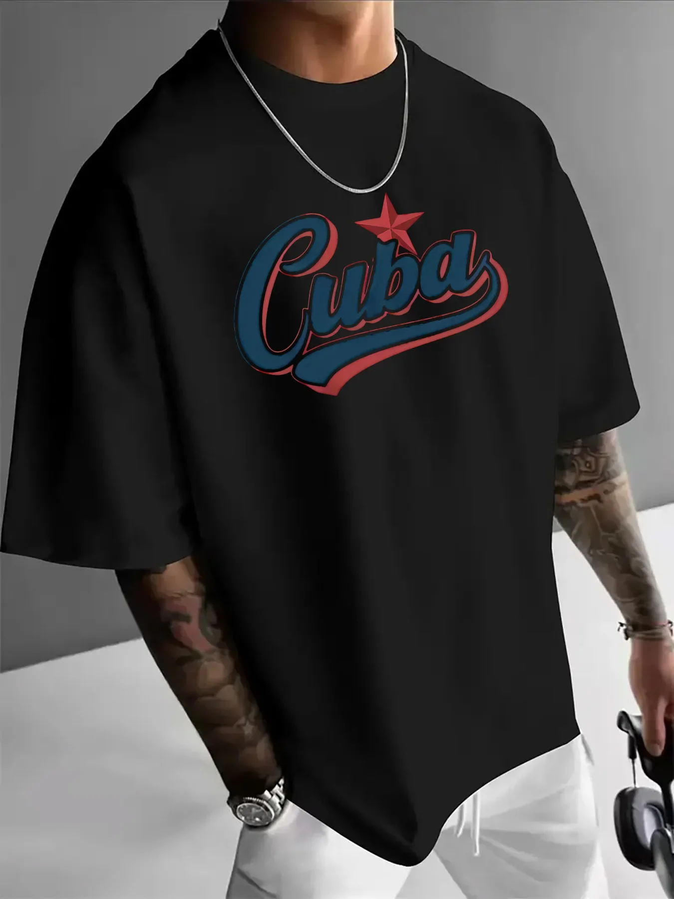 Vintage Cuba Script T Shirt Men Red Star Retro Country Letter Front Print Oversized 100% Cotton Beach Daily Casual Tee
