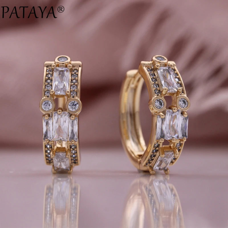 PATAYA Trendy 585 Rose Gold Color Earrings For Women Luxury Full Natural Zircon Accessories Vintage Bride Jewelry