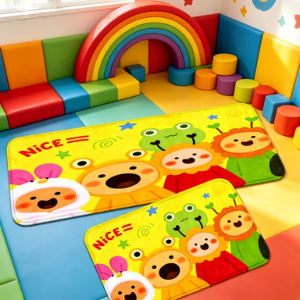 Colorful Animal Balloon Kids Rug, Light Brown Bear Bedside Mat, Shiba Sun Star Entrance Mat, Hand Drawn Cat Runner.