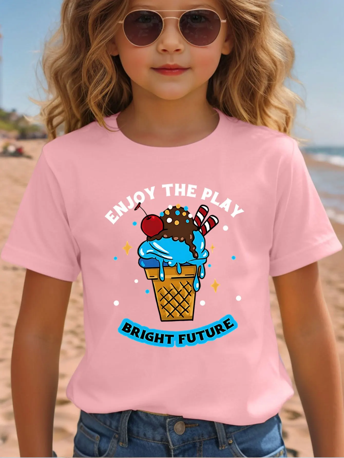 Cartoon Ice Cream Letter Print Kids Cotton T Shirt Boys Girls Parent Child Matching Short Sleeve Casual Breathable Family Tees