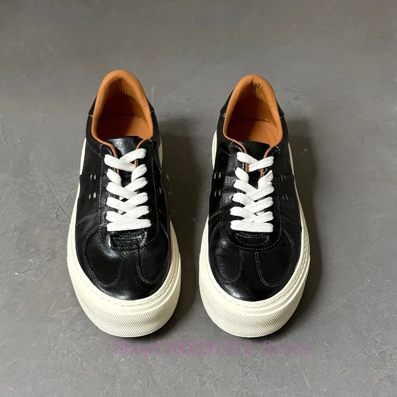 Genuine Leather Skateboard Shoes Men Black Breathable Sneakers Thick-Soled Simple Trendy Comfortable Casual Shoes
