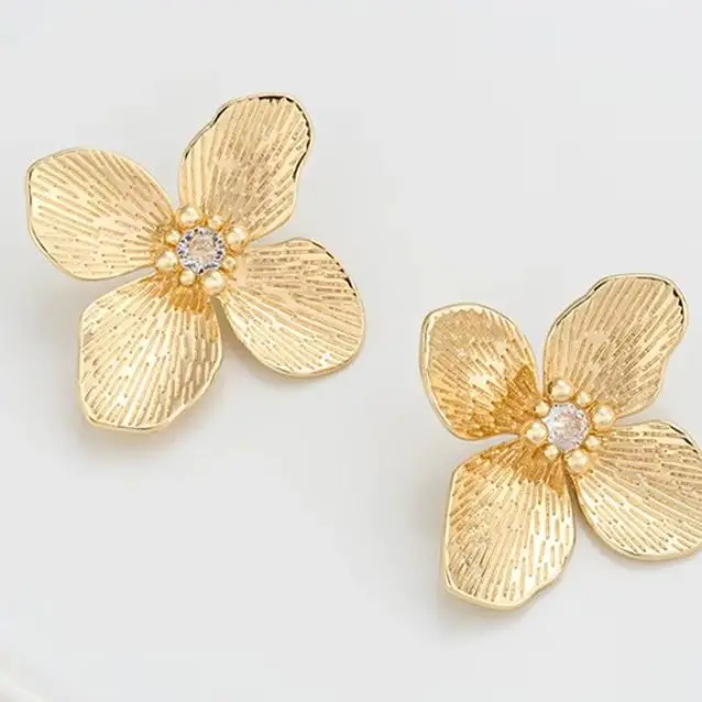 

14K Gold-Plated Large Petal Stud Earrings with Zirconium Inlay DIY Material 925 Silver Needle Pendant Earring Accessory