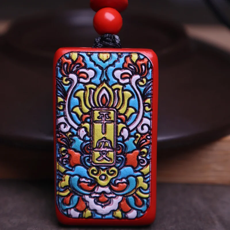 Cinnabar Thangka Painted Peace and Nothing Card Pendant Pendant