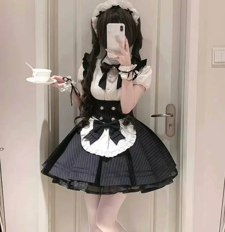 Summer Lolita Maid White Short Sleeve Shirt Fashion High Waist A-line Versatile Age Reduction Bow Striped Dress Two-piece Set